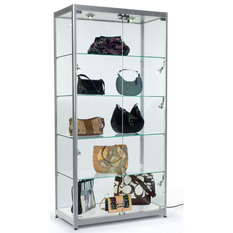 Displays2go Retail Display Cabinets with Glass Shelving LED Light MDF Laminate Aluminum Silver LESC10478S