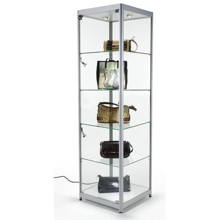Displays2go Showcases in glass with LED illumination, 4 Fixed Shelves, MDF & Anodized Aluminum – Silver (LESC5578SV)