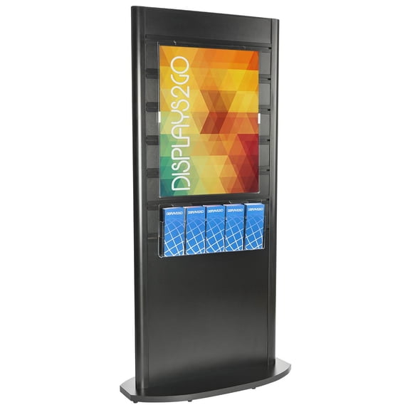 Displays2go Slatwall Tower with Posters and Brochure Holders, Laminated MDF, Aluminum & Acrylic Build  Black Melamine Finish (SLWT285D)