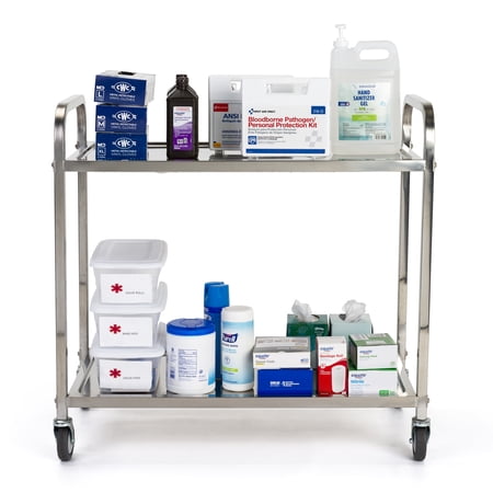 Displays2go Stainless Steel Service Cart, 2 Tiers, Locking Wheels - Silver (FSSSCART1)