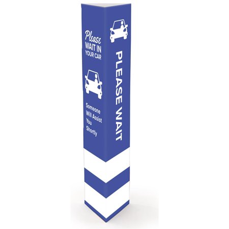 Displays2go Takeout Bollard Cover with "Please Wait in Your Car" Message – Blue (FGCBCOVERSSCP)