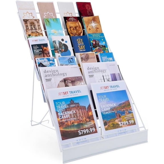 Displays2go Wire Magazine Rack with 6 Open Tiers, Holds Both Magazines and Brochures, Includes Sign Channel at the Front - White Wire