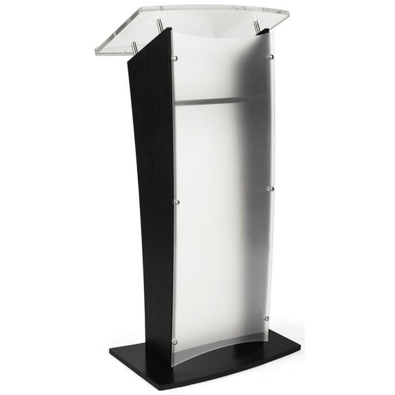 Displays2go Wood Podium, Frosted Acrylic Front Panel, 48.75" Tall, Interior Shelf, Black (CVWDLCTBKF)