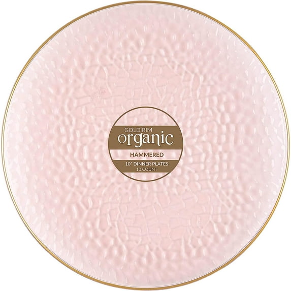 Disposable 10" Organic Hammered Collection Pink with Gold RIM Plastic Diner/Meal Plates for Elegant parties, Weddings & All occasions.: 40CT