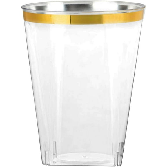 Disposable 10 oz Square Crystal Clear Plastic Tumblers with Gold Rim - Elegant Disposable Hard Plastic Cups Gold Rimmed - For Party, Weddings, Baby Showers, Events, Fancy Catering Cups (60 Pack)
