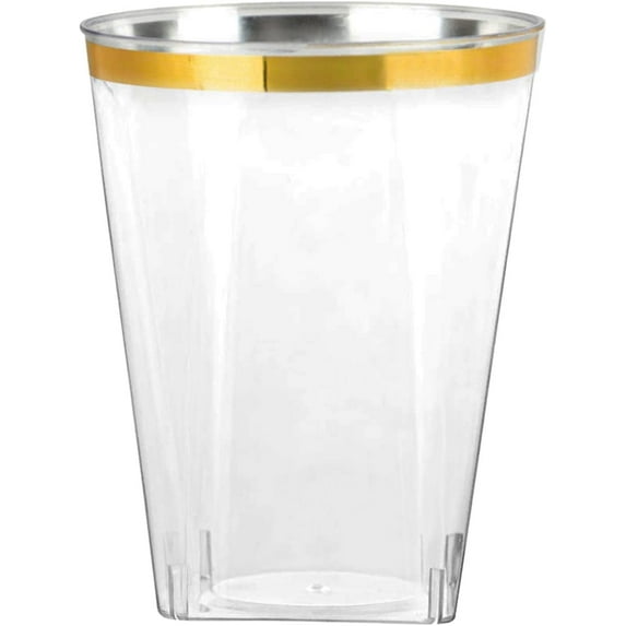 Disposable 10 oz Square Crystal Clear Plastic Tumblers with Gold Rim - Elegant Disposable Hard Plastic Cups Gold Rimmed - For Party, Weddings, Baby Showers, Events, Fancy Catering Cups (60 Pack)