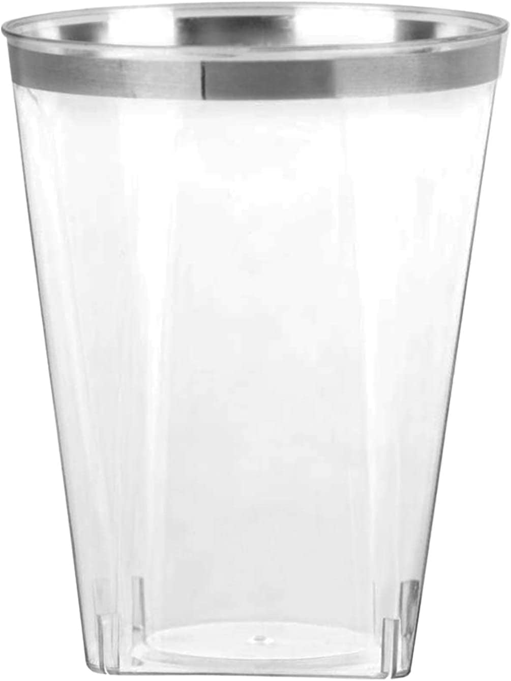 Disposable 10 oz Square Crystal Clear Plastic Tumblers with Silver Rim - Elegant Disposable Hard Plastic Cups Silver Rimmed - For Party, Weddings, Baby Showers, Events, Fancy Catering Cups (240 Pack)