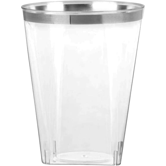 Disposable 10 oz Square Crystal Clear Plastic Tumblers with Silver Rim - Elegant Disposable Hard Plastic Cups Silver Rimmed - For Party, Weddings, Baby Showers, Events, Fancy Catering Cups (30 Pack)