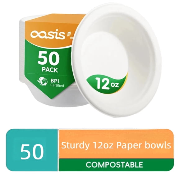 Paper Bowls,12 Oz Disposable Bowls,OasisSN Microwave Safe Bowls for Soup, Heavy Duty Biodegradable Bagasse Bowl for Snacks,Salads, Disposable Serving Bowls for Dinner or Lunch,White Bowls,50Count