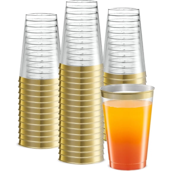Disposable 12 oz Crystal Clear Plastic Tumblers With Gold Rim for Party's & Weddings pack of 50