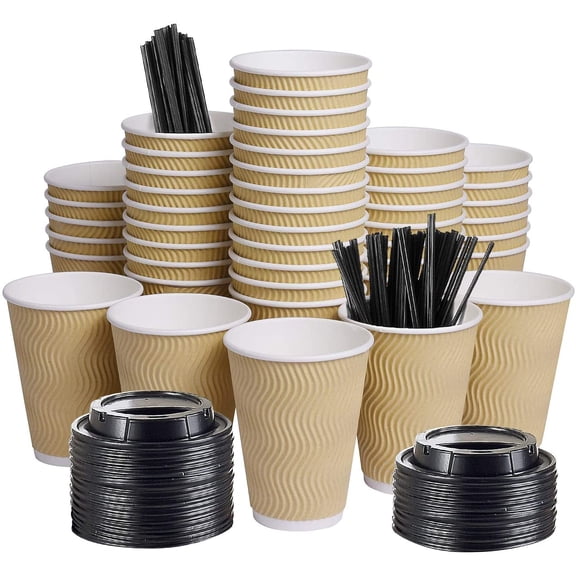 Disposable 12 oz Ripple Wall Insulated Paper Coffee Cups with Lids