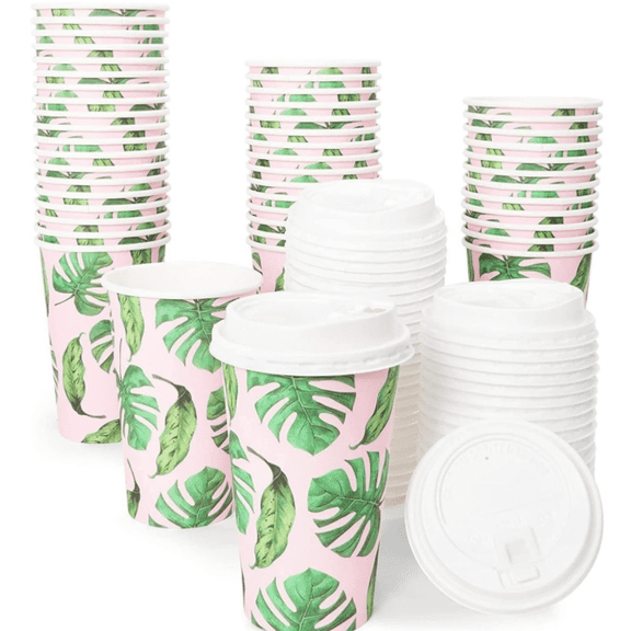 Disposable 16 oz Coffee Cups with Lids - Paper To-Go Coffee Cups for Themed Birthday Party, Wedding, Baby Shower - 48-Pack Tropical Design