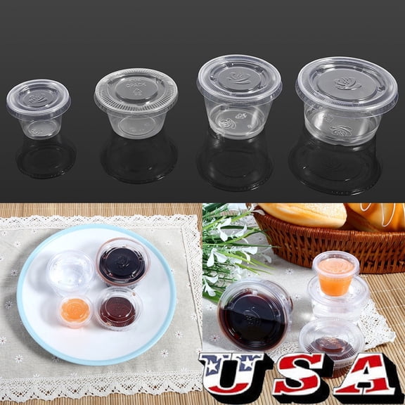 Disposable 1oz Jello Shot Plastic Portion Cups with Lids, Clear Condiment Cups, Sampling Cup Pack of 50