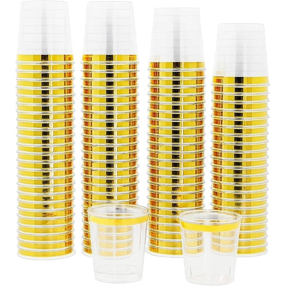 Disposable 1oz Plastic Mini Shot Glasses - Bulk 120 Clear Gold Rim Hard Shots Cups for Party Sample Tasting Whiskey