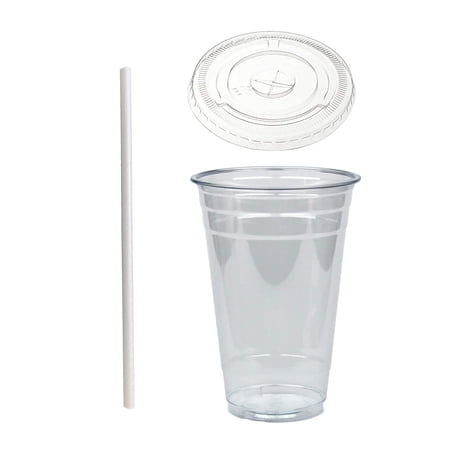 Disposable 20 oz Plastic Crystal Clear Cups with Flat Lids and Paper Straws - For Summary Beverage, Party, to-go (100)