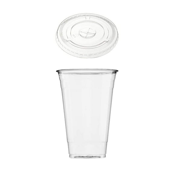 Disposable 24 oz Plastic Crystal Clear Cups with Flat Lids - For Summary Beverage, Party, to-go (50 Cups with Lids)