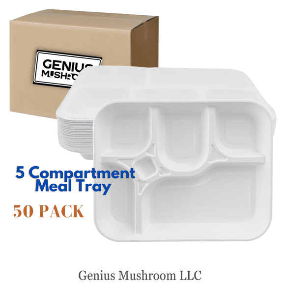Disposable 5 Compartment Meal Tray Heavy Duty Biodegradable Bagasse Sectional Lunch Trays + Dividers 10 Inches