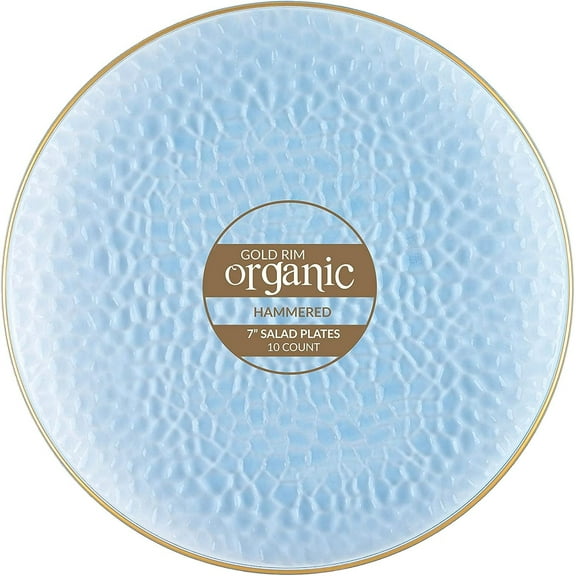 Disposable 7" Organic Hammered Collection Blue with Gold RIM Plastic Salad /Desert Plates for Elegant parties, Weddings & All occasions.: 40CT