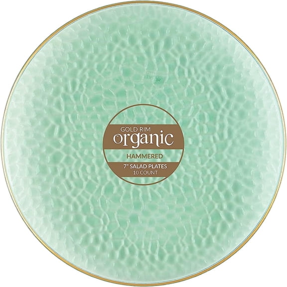 Disposable 7" Organic Hammered Collection Green with Gold RIM Plastic Salad /Desert Plates for Elegant parties, Weddings & All occasions.: 120CT