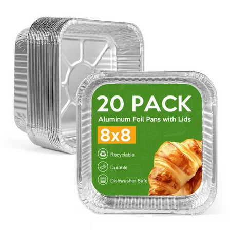 20 Pcs Disposable Aluminum Foil Pans，8“ Square Tin Foil Bakeware for Baking Cakes, Breads, Storing, Prepping
