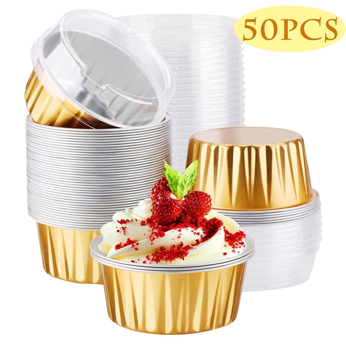 Disposable Aluminum Foil Baking Cups with Lids Cupcake Liners Desert Cheesecake Pans Flan Molds Tin Cups Containers for Party Favor Birthday Foil Ramekins 5oz 50-Pack Gold