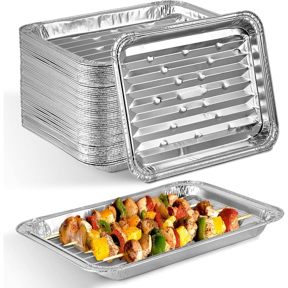 Disposable Aluminum Foil Broiler Pan for Oven (25 Pack) Sheet Pans for Grilling, Roasting Rack, Trays with Ribbed Surface for BBQ Grill-Like Texture