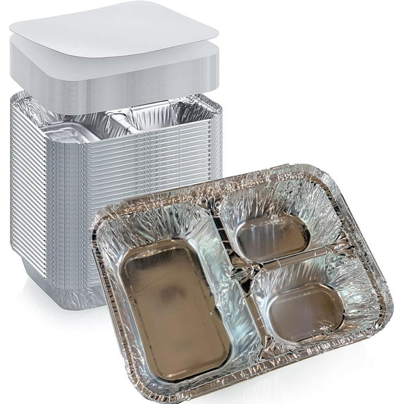 Disposable Aluminum Foil Tray with Paper Board Lids (Case of 250 Sets) – 3 Compartment Foil Pan