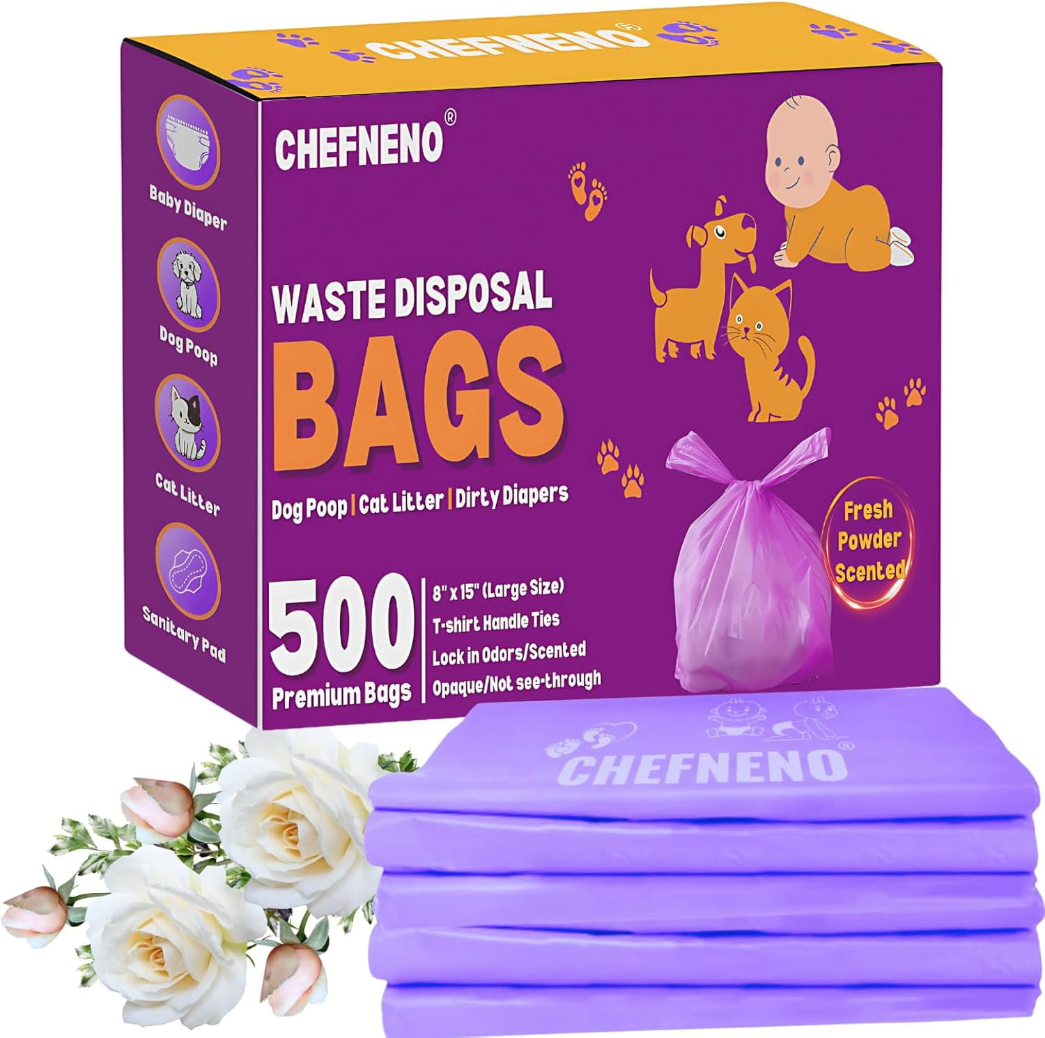 Disposable Baby Diaper Bags (500 Bags) Powder Scented Easy Tie Handles epi Diaper Disposable Sacks Dog Poop Bags Cat Litter Waste Bags ( Powder, 500 ct.)