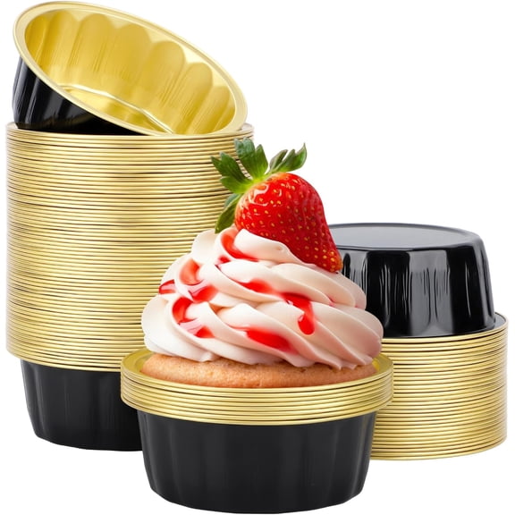 Disposable Baking , 8 oz 100 Pack 3.9" 235ml Aluminum Foil Cups Bake Utility Ramekin Cup Souffle Cup Muffin Cupcake Baking Cup Mini Pudding Cups for Party Wedding Birthday - Black Gold