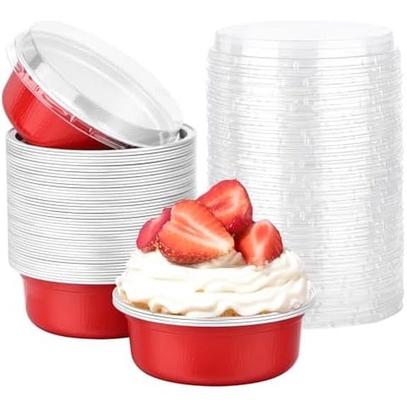 Disposable Baking Cups With Lids, 50 Pack 8.8oz 260ml Aluminum Foil Ramekins 4 Inch Round Baking Mini Cupcake Oven Cups for Party - Red