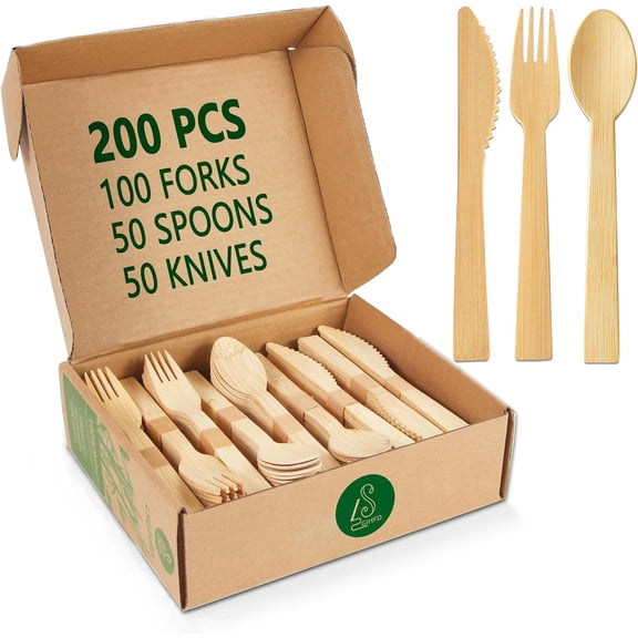 Disposable Bamboo Cutlery Set, 100% All-Natural, 200 pieces (100 Forks, 50 Spoons, 50 Knives), Eco-Friendly Biodegradable Disposable Cutlery for Party, Camping, Weddings (200)