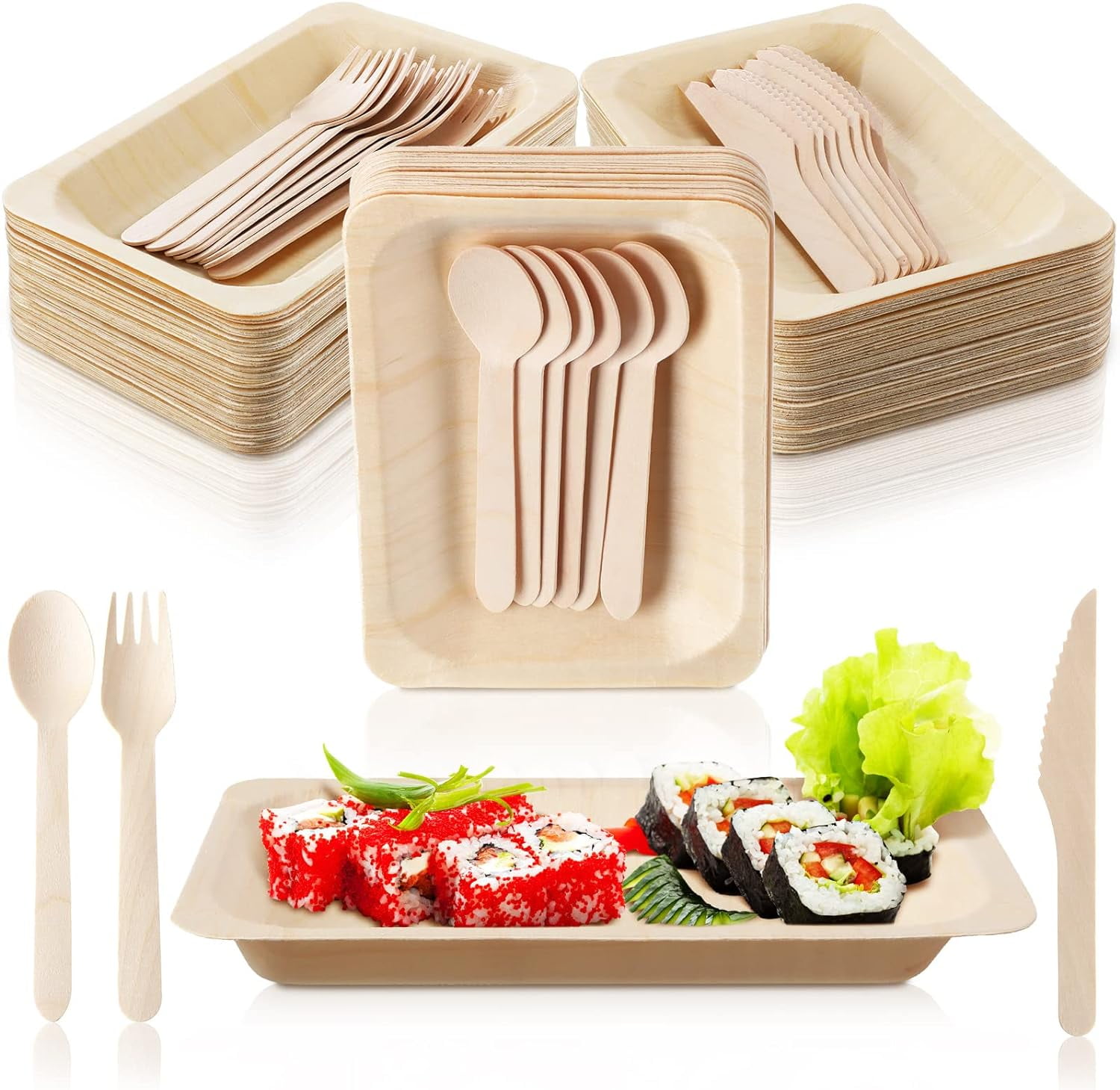 Disposable Bamboo Plates Set Palm Leaf Plates and Cutlery 200Piece