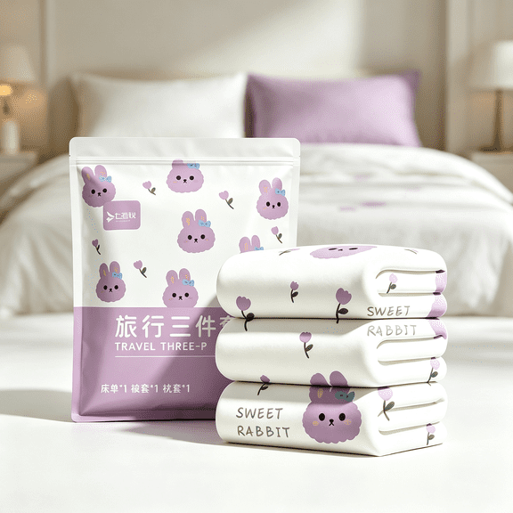 Disposable Bed Sheets for Hotel & Travel - Bedding Set with Breathable Non-Woven Fabric, Hygienic Sleep Protection,Cute Purple Rabbit Tulip Print 3 Pieces Bed Linens