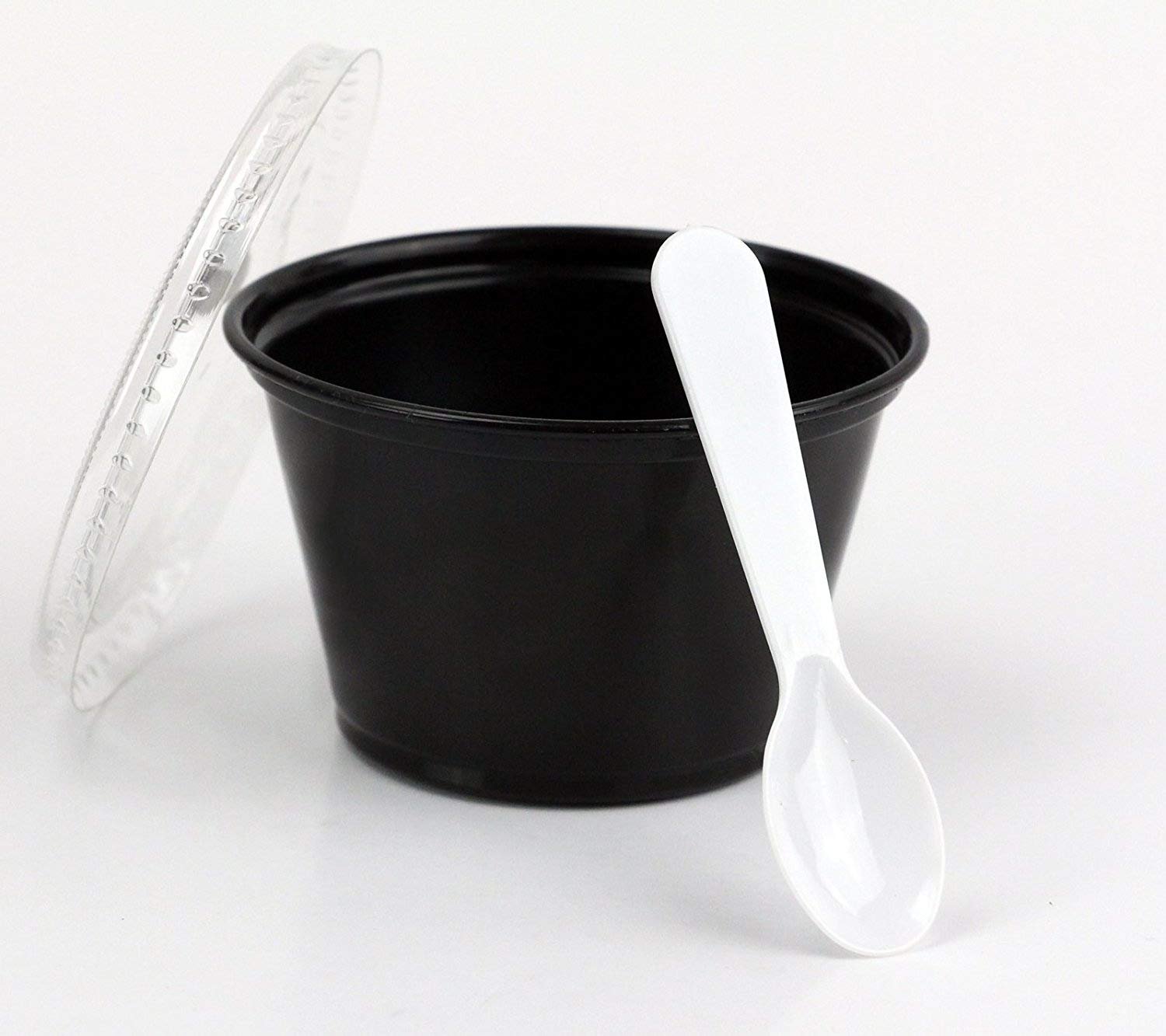 Disposable Black 4oz Plastic Condiment Cups with Lids and 3" Sampling
