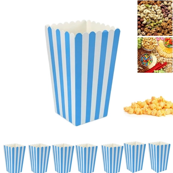 Disposable Blue Candy Containers,2.8x2x4.5In Mini Snack Boxes,Pack of 50 Portable Popcorn Containers,QZS Striped Popcorn Boxes
