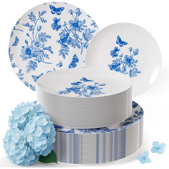 Disposable Blue Floral Plastic Plates 80 Pack 8 Inch and 10 Inch