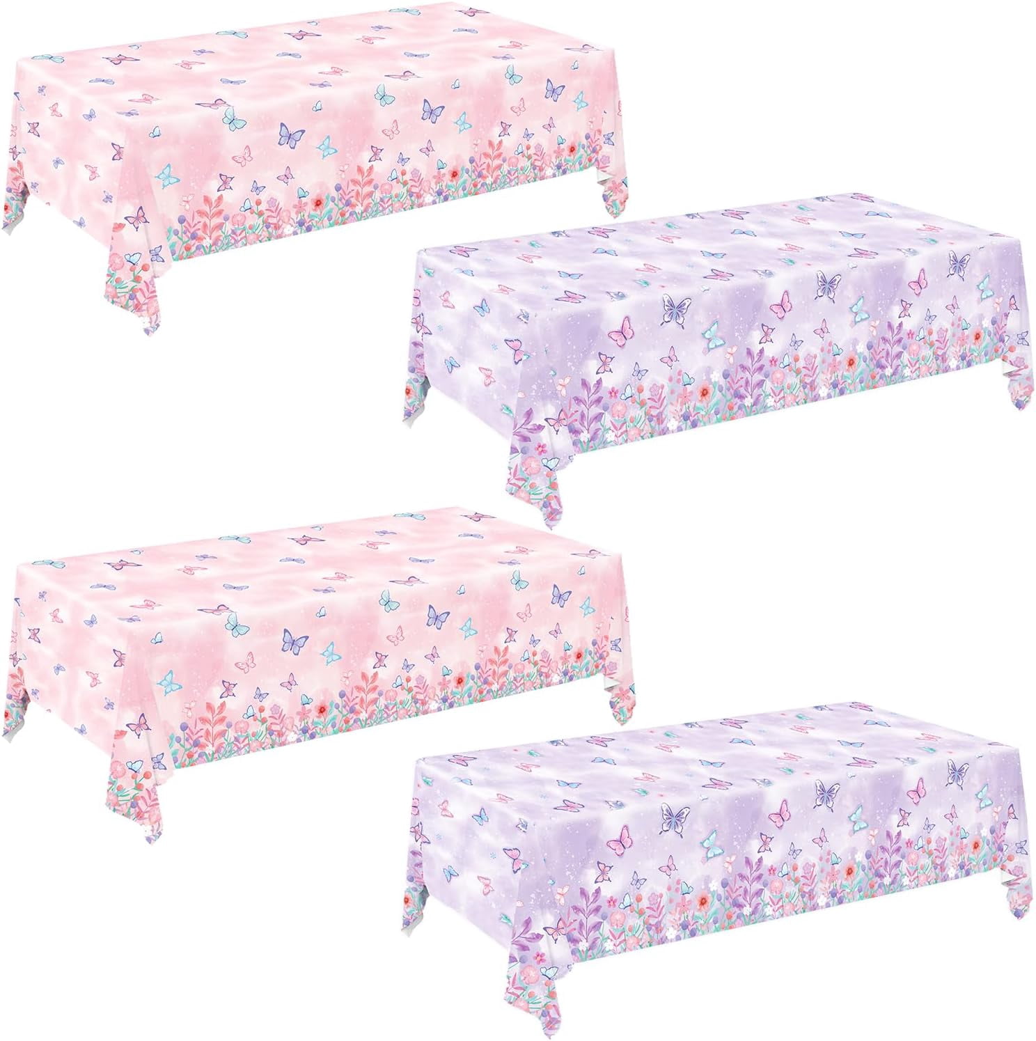 Disposable Butterfly Tablecloth Set, 4 Pack 54 X 108 Inch Plastic Table Covers For Kids And Girls Birthday Party Decorations, Butterfly Theme