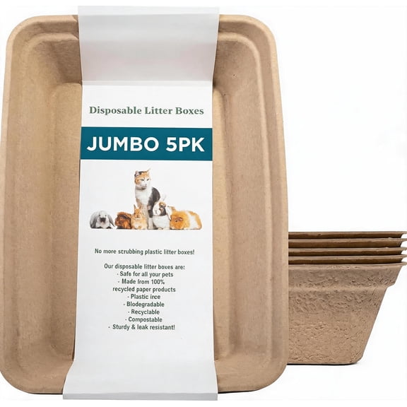 Disposable Cat Litter Box 5-Pack Jumbo Extra Thick Leak Resistant Biodegradable Cardboard