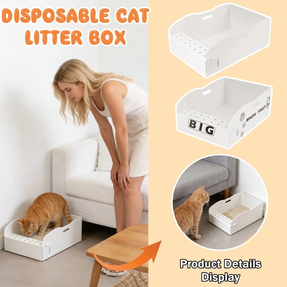 Disposable Cat Litter Box Large Size, Portable Travel Litter Pan for Cats, Leak Proof Easy Clean Kittys Toilet, Lightweight Cat Supplies for Indoor Outdoor Camping Beige, 13x18.5 inch