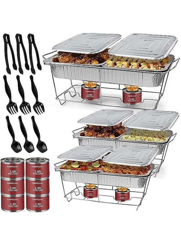 Disposable Chafing Dish Buffet Set, 33 Piece Of Chafing Servers With Food Warmers, Covers, Half-Size Food Pans, Water Trays, Serving Utensils, Lids And 2.5H Fuel Cans For Parties, Catering
