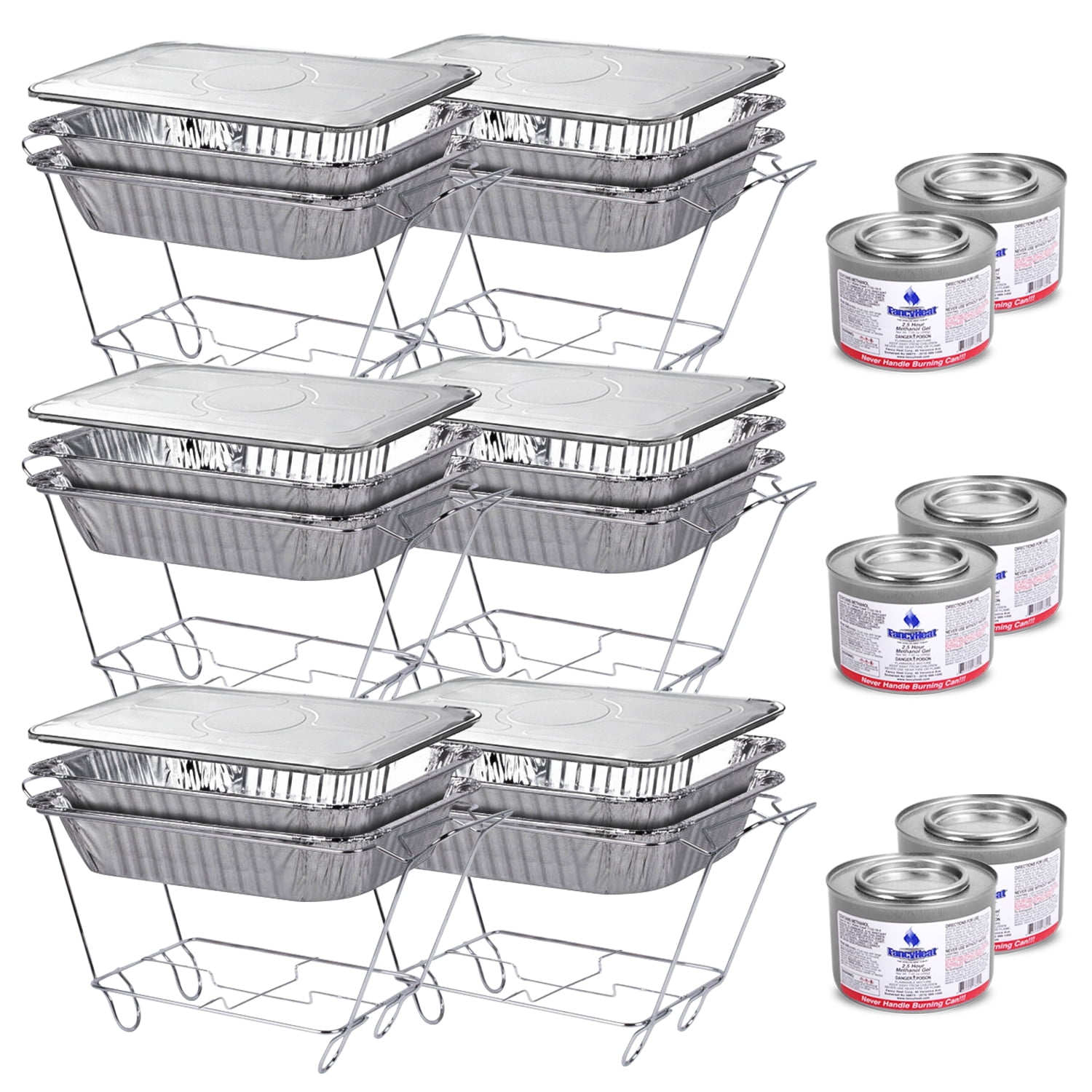 Choice 36 Piece 1/2 Size Disposable Serving / Chafer Dish Kit with (6) Wire  Stands, (6) Deep Pans, (6) Standard Pans, (6) 4 Hour Wick Fuels, and (12)  Utensils