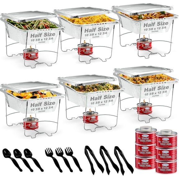 Disposable Chafing Dish Buffet Set, Food Warmers for Parties, Catering Supplies Buffet Display, Complete Premium Set, Half Size Single Pan, Warming Trays (6 Pack)