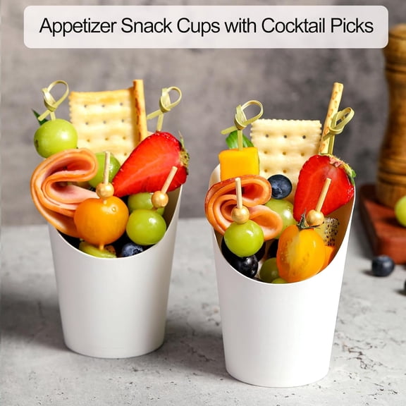 Disposable Charcuterie Cups 120 PCS with 200PCS Sticks and 120PCS Bags, 14 oz Kraft Paper Snack Boxes Appetizers Cup French Fry Holder with Cocktail Skewers Toothpicks Tooth Picks, White
