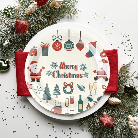 Disposable Christmas Paper Plates, Thickened Pulp with Water- and Oil-Resistant Surface for Holiday Meals