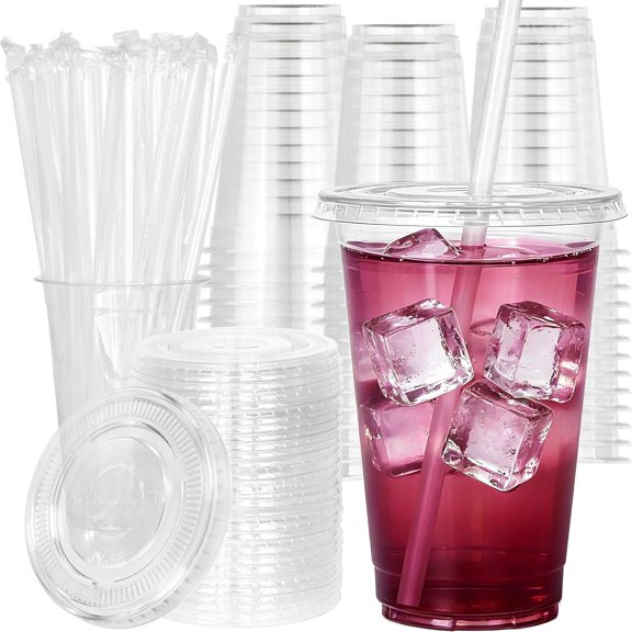Disposable Clear Plastic Cups with and Straws, 20 oz 100 Pack, Sturdy Cold Coffee Cups for Smoothies, Milkshakes, Iced Water, Safe Clear Cups for Cold Drinks Bulk
