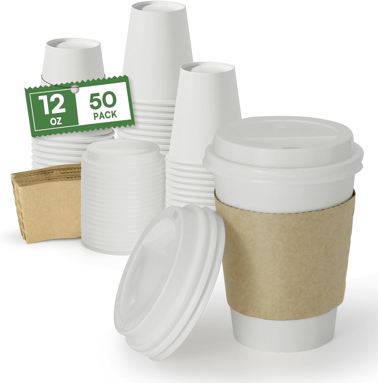 Disposable Coffee Cups with Lids & Sleeves 12 oz Paper Cups, 50 Pack To ...