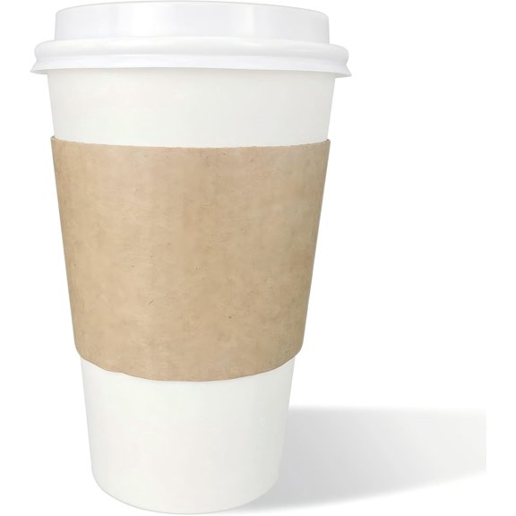 Disposable Coffee Cups with Lids & Sleeves 16 oz Paper Cups, 50 Pack To Go Hot Cups with Lids, BPA Free Thickened Leak Proof White Disposable Cups for Everyday Use Office Coffee Bar Supply Essentials