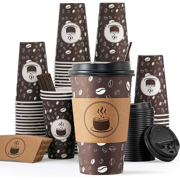 Disposable s with Lids, Sleeves and Straws - 16oz(100 Pack) Paper s with Lids, Durable, BPA Free Hot Cup for Shops, Cafes, and Concession Stands(Dark Brown)