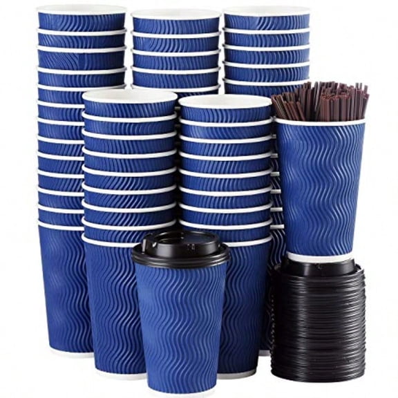 Disposable Coffee Cups with Lids and Straws - 16 oz 90 Set Togo Hot Paper Coffee Cup with Lid To Go for Hot/Cold Beverages Espro Tea Insulated Reusable Cold Drinks Ripple Cups Protect Fingers!
