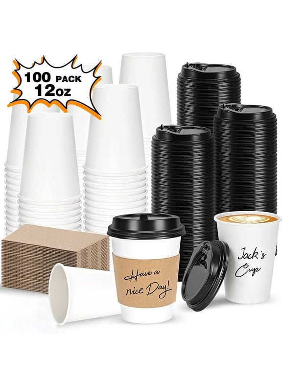 Disposable Coffee Cups with Lids 12 oz (100 Pcs) , Sleeves, Paper Coffee Cups with Lids